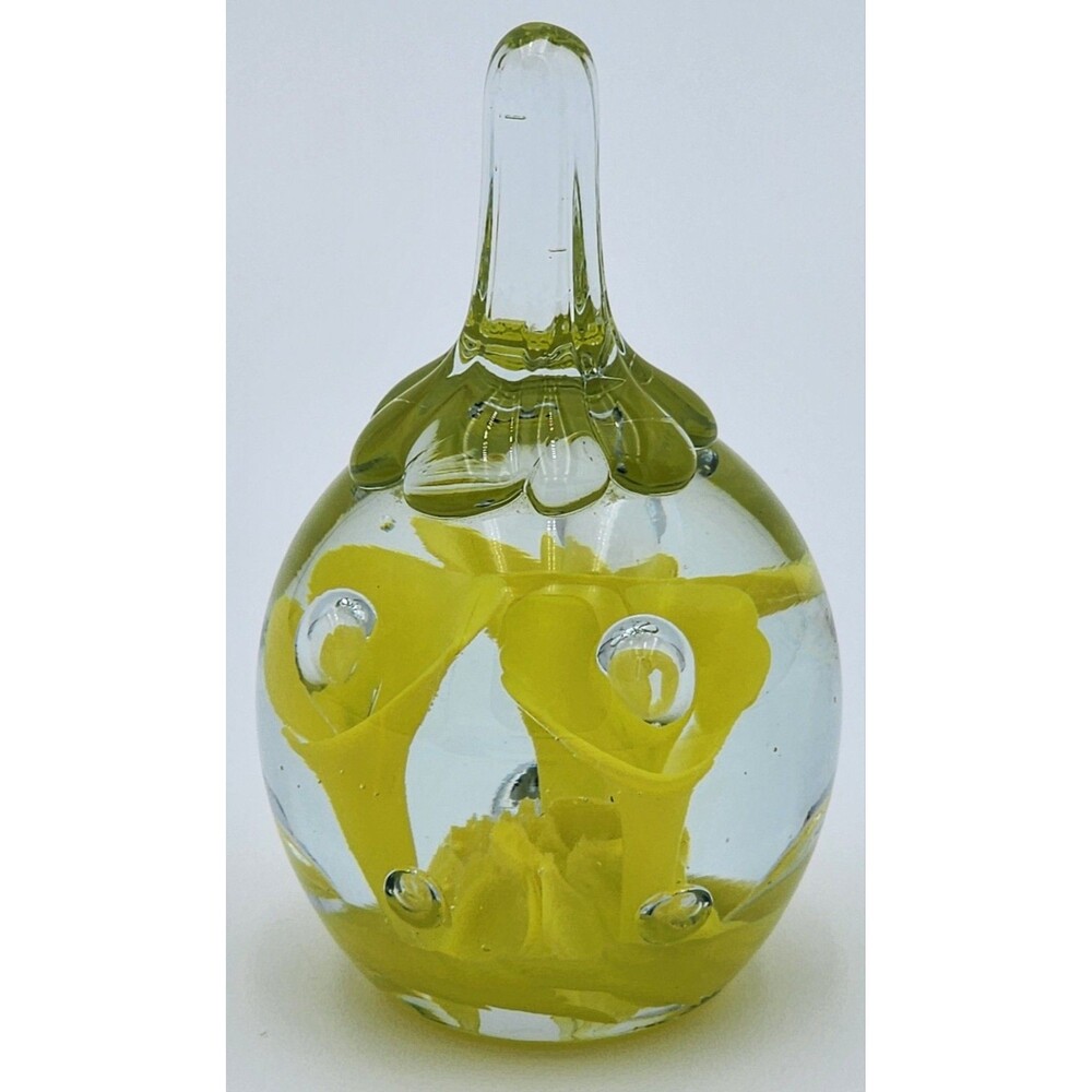 VTG Beautiful JOE ST. CLAIR 4" controlled bubble Yellow Trumpet Flower ART Glass